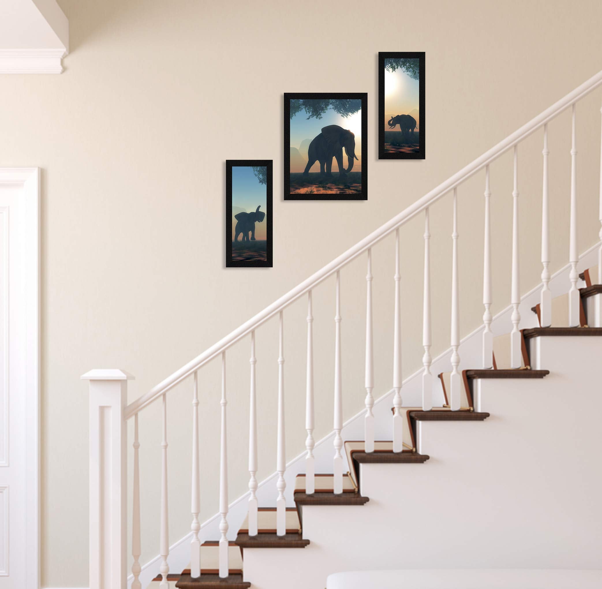 Artx Elephant Family Wildlife Framed Painting (Synthetic Wood, 13.5 Inch X 22.5 Inch, Multicolour)